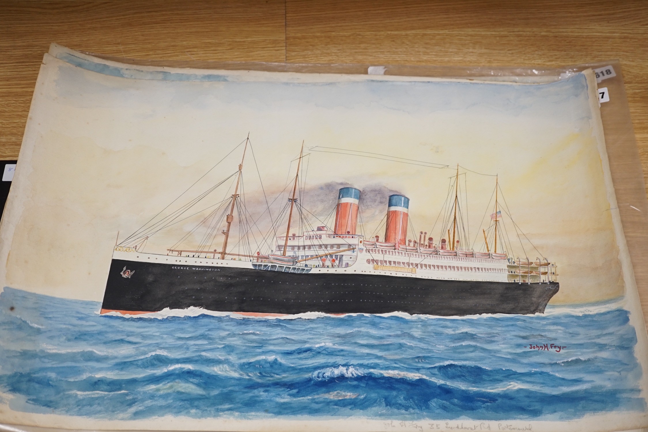 John Hemming Fry (1860-1946), two watercolours, Illustrations of the SS. Leviathan and SS. George Washington (the vessel credited with issuing warnings to shipping around Newfoundland to include the RMS Titanic regarding